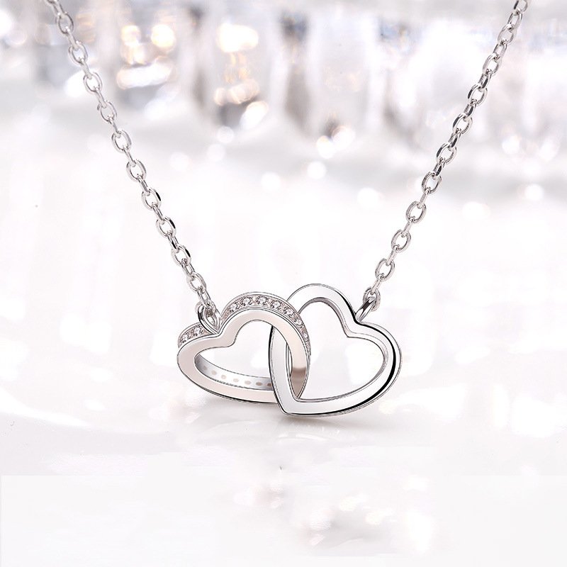 Heart and Heart Linked Silver Necklace Female 925 Jewelry Short Clavicle Chain Fashion Pendant One Necklace