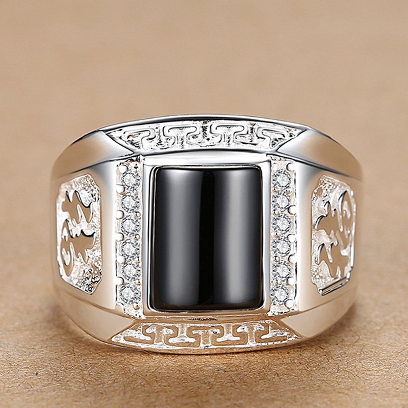 Cupronickel white gold ring men single domineering black agate ring personality open fashion index finger wide ring Cupronickel white gold ring men single domineering black agate ring personality open fashion index finger wide ring